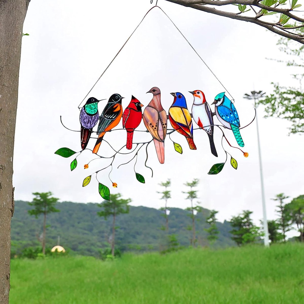 Glas-in-lood Vogels - Raampaneel Ornament - Woondecoratie Ophangen - Handgemaakt Uniek Design - 20x20 cm - Veelkleurig