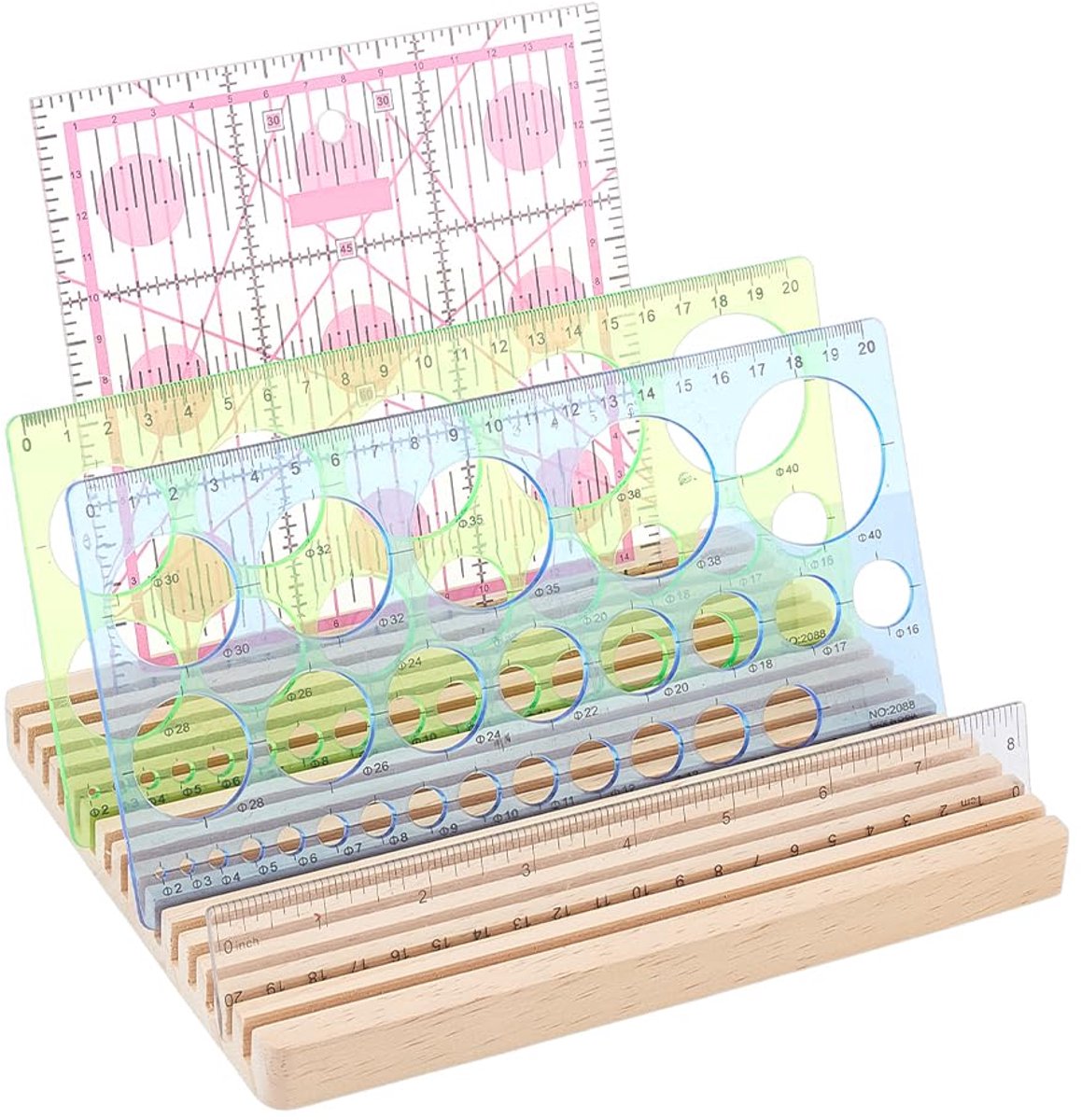 Liniaal Display Stand - Quilt Liniaal Houder - Naaiwerk Opbergen - 15 Slots Organizer - 20.5 x 16.5 cm - Houtkleur