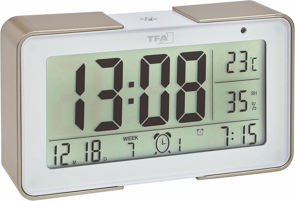 Wekker Digitale Klok - Radiogestuurde Alarmklok - Nauwkeurig Wekken - Verschillende Alarmgeluiden - 134x36x78 mm - Wit Champagne
