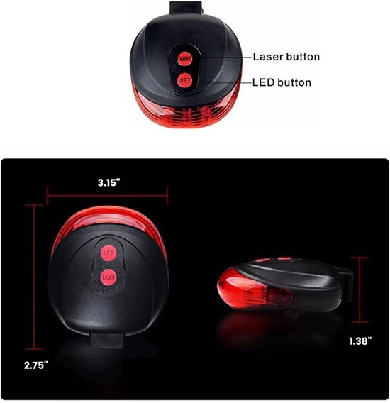 Fiets Achterlicht - Veiligheidslamp - Fietsen in Donker - 5 LED 2 Laser - IPX2 Waterdicht - Rood — afbeelding 5
