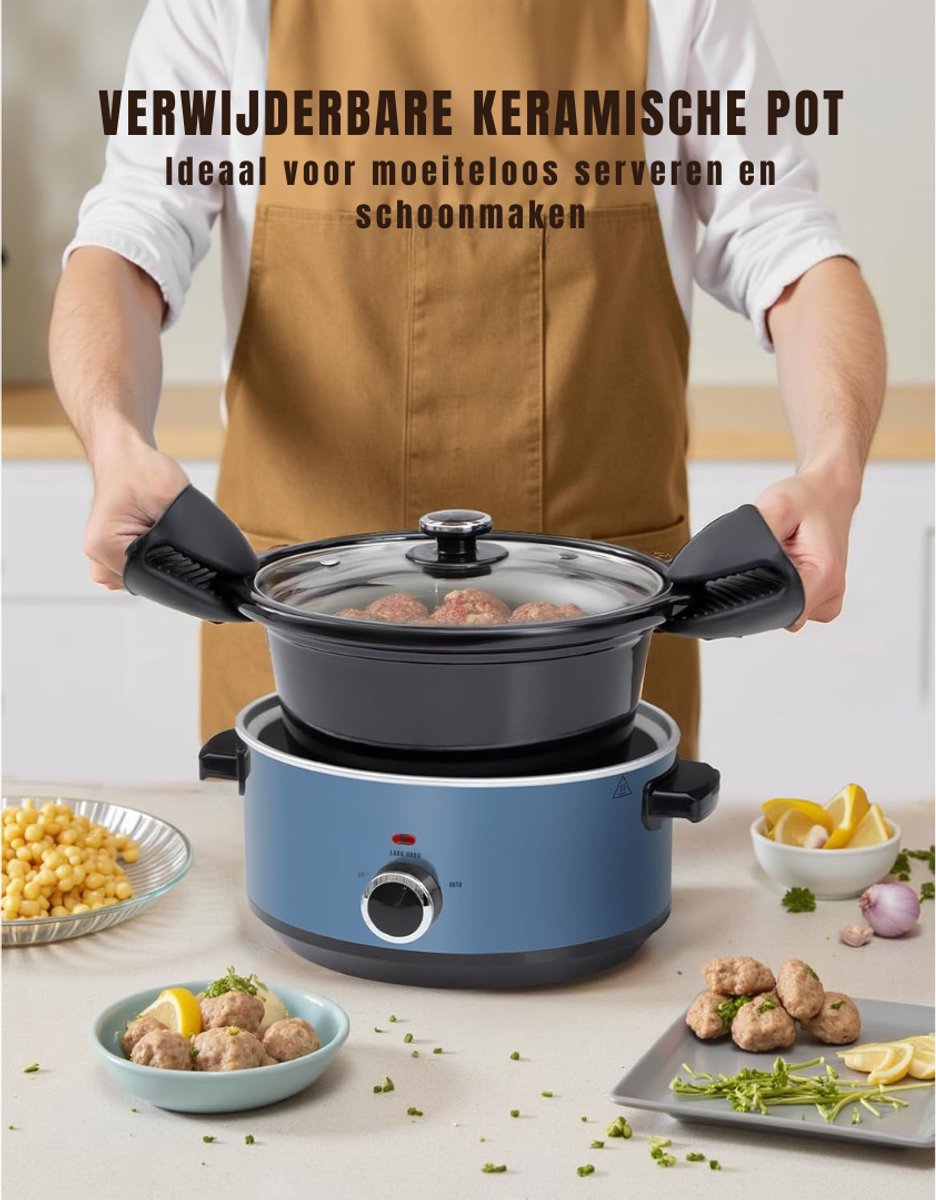 RONN® Slowcooker met timer - Slowcooker - Crockpot - Blauw - 24cm x 31cm x 18cm – foto 4