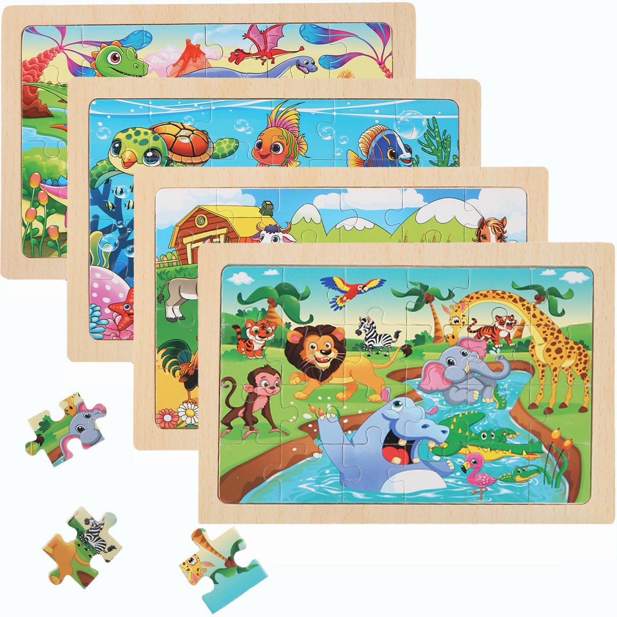 Kraftverdia Puzzel kind Houten Dierenwereld - 4 Sets 24 stukjes Legpuzzels -Educatief Speelgoed voor Kinderen 3-6 Jaar – Kinderpuzzel
