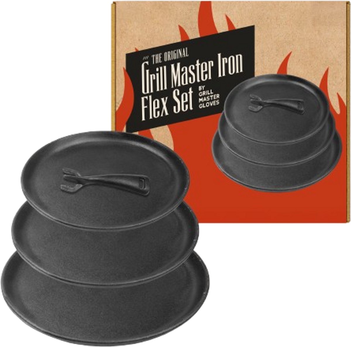 Grill Master Iron Flex Set - Gietijzeren pannenset - Gietijzeren Koekenpan - Afneembaar Handvat - BBQ accessoires - 15/20/25cm