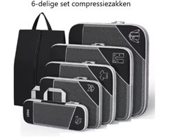 6-Delige set Compressie zakken met rits – Packing Cubes – Koffer Organizer – Opvouwbaar – Ruimtebesparend – Zwart/Grijs