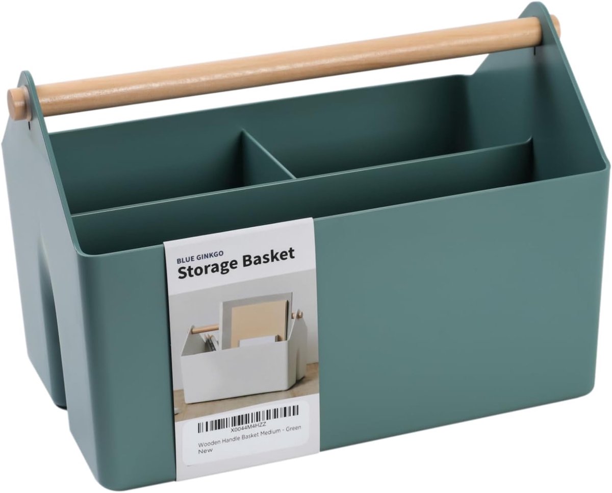 Opbergmand Middel - Plastic Houder - Thuis Organiseren - Houten Handvat - 28x17x18cm - Groen