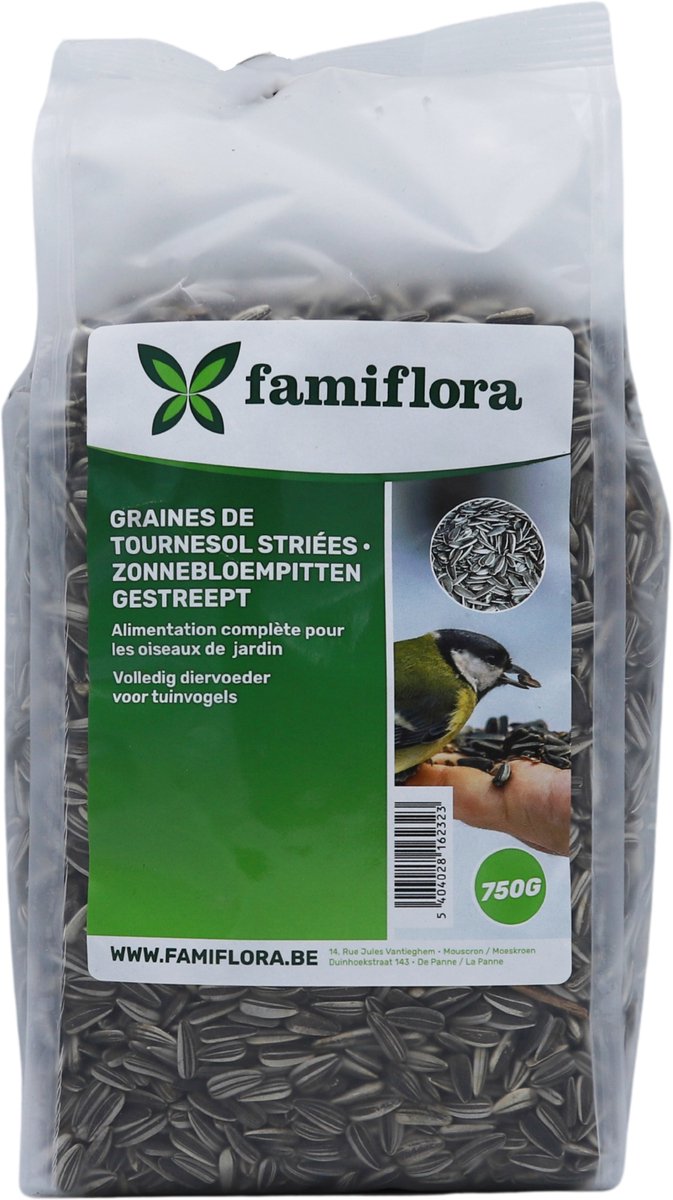 Famiflora Gestreepte Zonnebloempitten - 750g Zak - Klassiek Vogelvoer - Voeding voor tuinvogels - Wintervoer