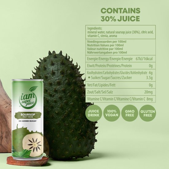Blikje 'iam super juice' Soursop fruit drink, met een groene opdruk en een afbeelding van soursop vruchten. Bevat 30% sap.