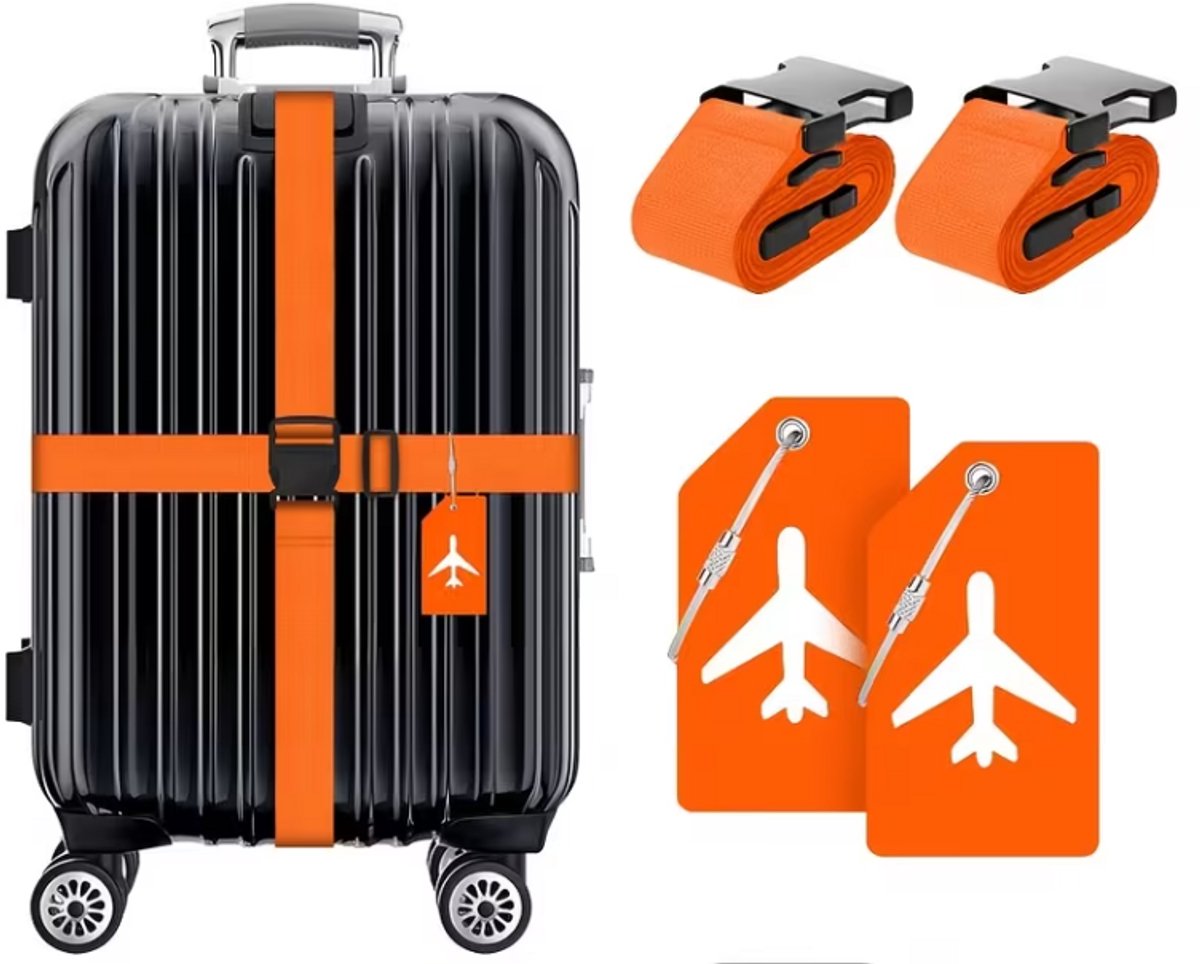 Oranje Kofferriem / Bagageband – Set van 2 met Labels (4-delig) – Verstelbaar tot 170 cm – Kofferband voor Vliegveld Herkenning – Reis Accessoire