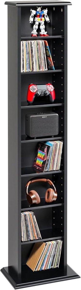 Slanke Media Toren - Opslag Meubel - Cd Dvd Opslag - Verstelbare Planken - 130cm Hoog - Zwart