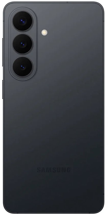Zwarte Samsung telefoon, achterkant met drie camera's en Samsung logo.
