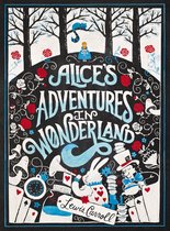 Boekomslag 'Alice's Adventures in Wonderland' in krijtstijl, met Alice, Witte Konijn, Cheshire Cat en Lewis Carroll handtekening.
