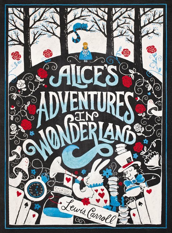 Boekomslag 'Alice's Adventures in Wonderland' in krijtstijl, met Alice, Witte Konijn, Cheshire Cat en Lewis Carroll handtekening.