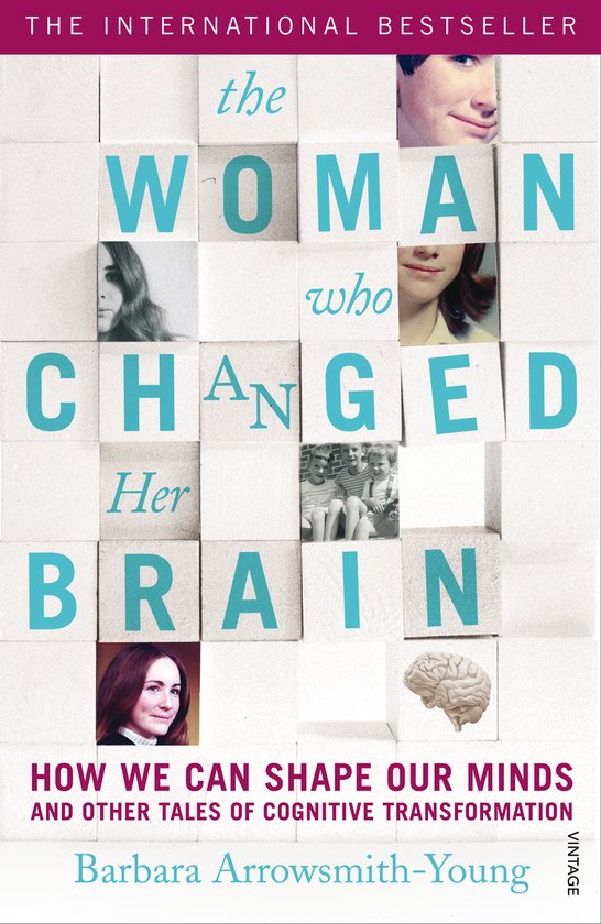 Boekomslag met de titel "The Woman Who Changed Her Brain" op witte blokken met foto's van vrouwen.