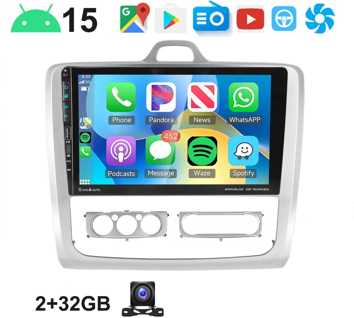 ESSGOO autoradio carplay geschikt voor Ford Focus II MK2 2004-2011 - Android 15 - 2+32GB - Bluetooth & Wifi & Achteruitrijcamera - Met Navigatie - TypeC USB