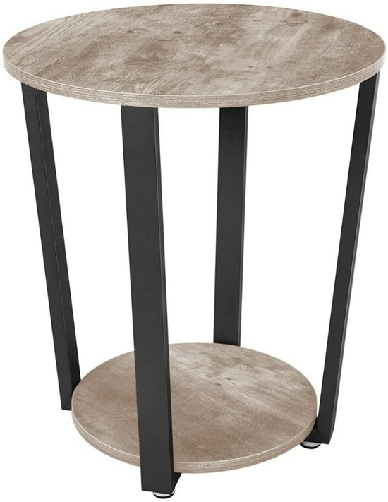 Ronde bijzettafel met houtlook blad en zwarte metalen poten, met een extra plank.