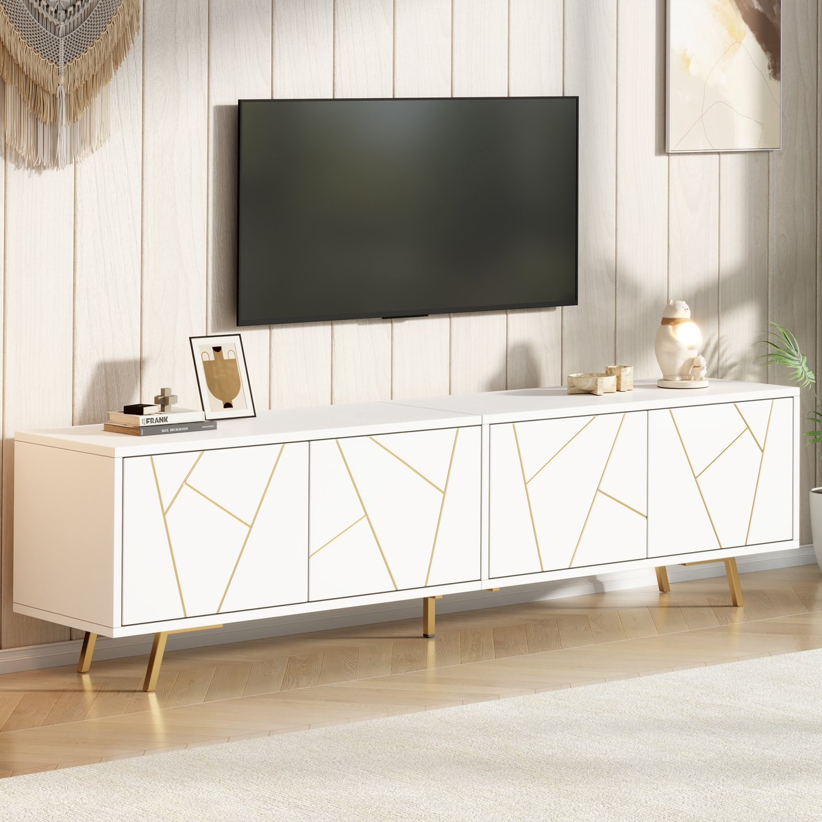 PHOEBE CAT TV-meubel - 4 deuren - Metalen poten - Geschikt voor een TV van 85 inch - Wit + Goud