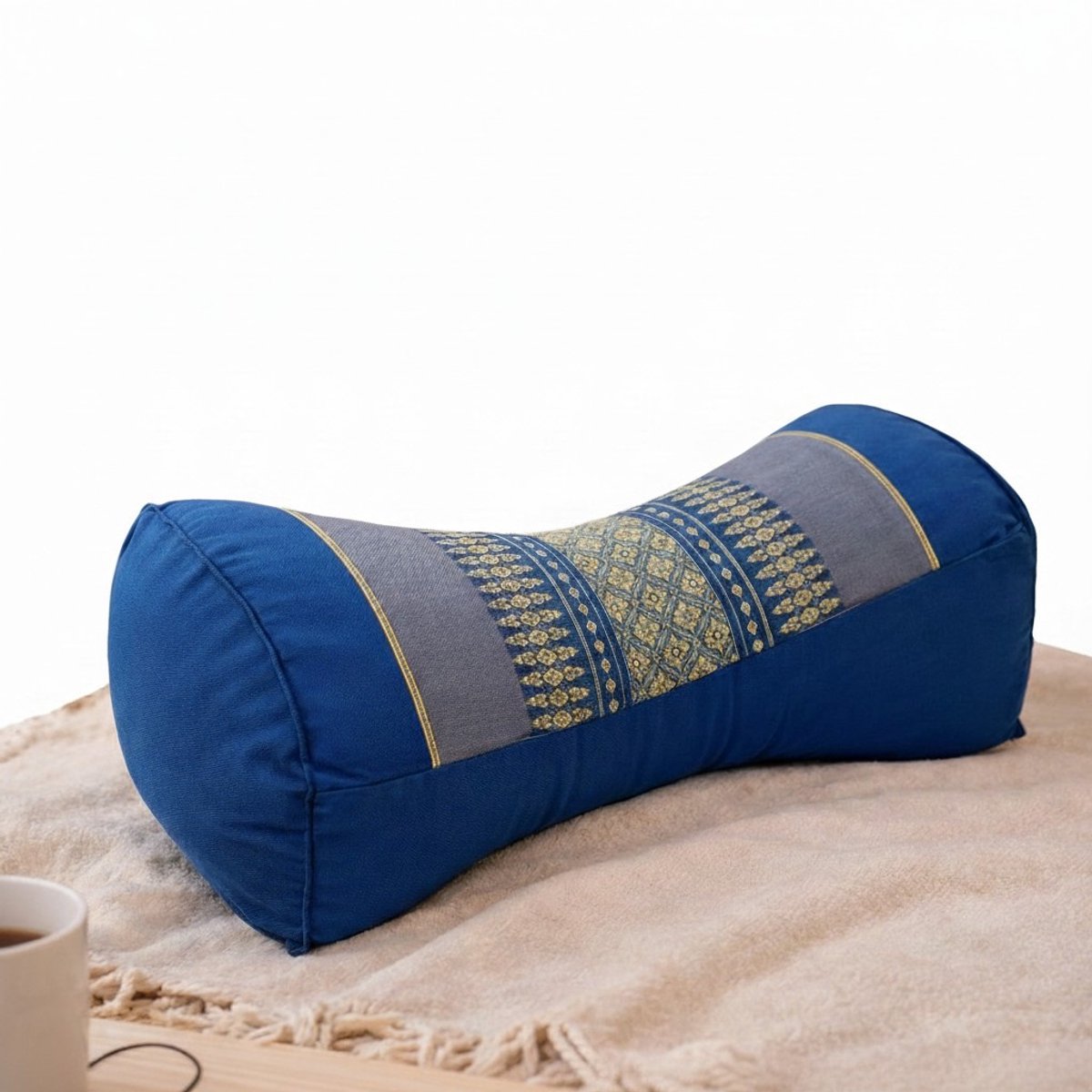 Nekkussen bone – hard & stevig kapok – ergonomisch yoga kussen / meditatiekussen – blauw grijs – nek- en rugondersteuning