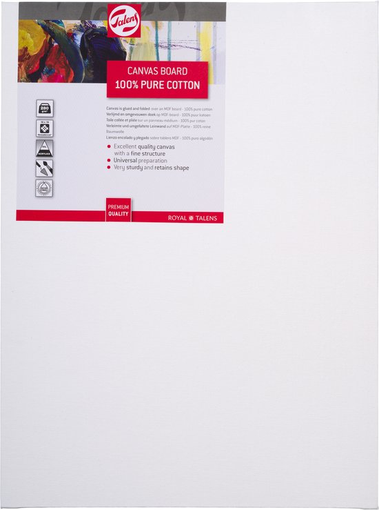 Talens Canvas Board met 100% katoen, met verfspatten op de verpakking.