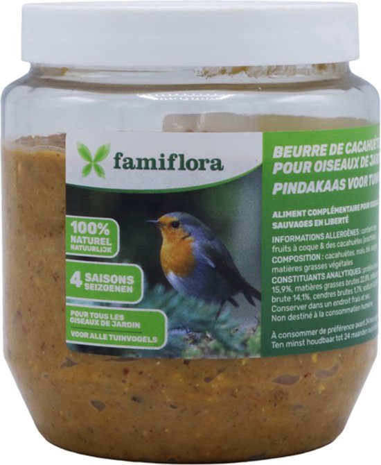 Pot famiflora vogelpindakaas. Groen label met roodborstje, '100% naturel' en '4 saisons'.