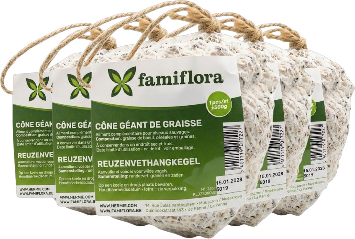 Famiflora Reuzenvethangkegel Dennenappel 5 stuks (1.5KG) - 300g per stuk - Talg & Zaden - 100% Natuurproduct - Voor tuinvogels - Natuurlijke dennenappel basis - Boordevol zaden en maïs