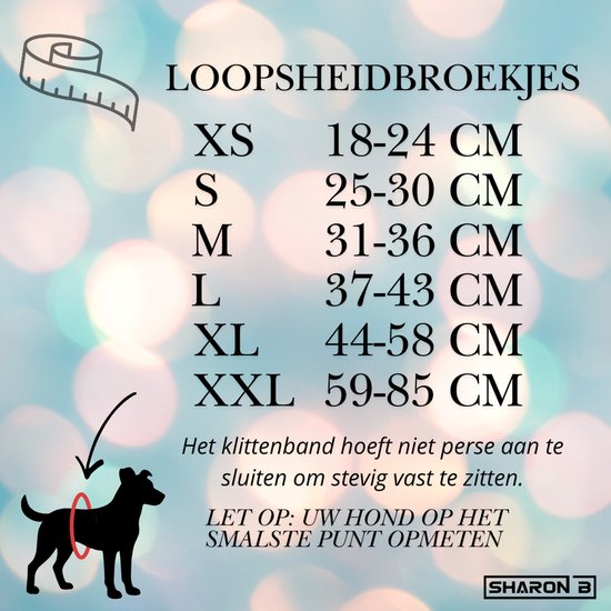 Maattabel voor loopsheidbroekjes met afmetingen in centimeters.