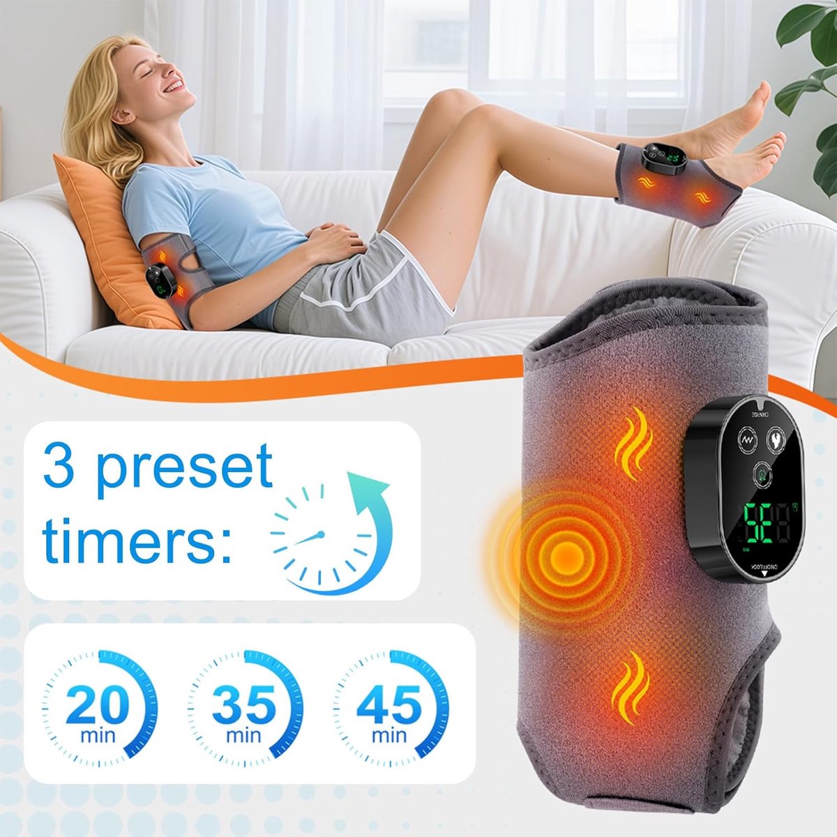 Voetmassager - Voetmassageapparaat met warmte en vibratie - Draadloos oplaadbaar compressieverband - Instelbare temperatuur en intensiteit - Voetmassageapparaat voor pijn en bloedsomloop - Grijs thumbnail 3