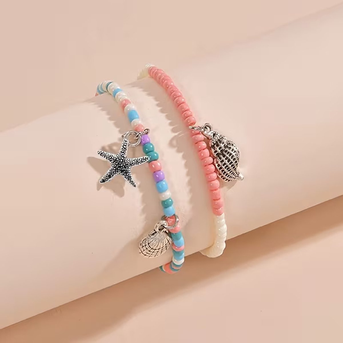 Majo - Schattig enkelbandje - blauw en roze - zeedieren