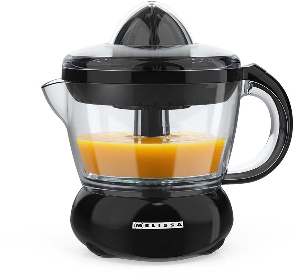 Melissa 16230042 - Elektrische citruspers met een motor van 40 W, sapreservoir van 0,7 liter en twee perskegels - Zwart