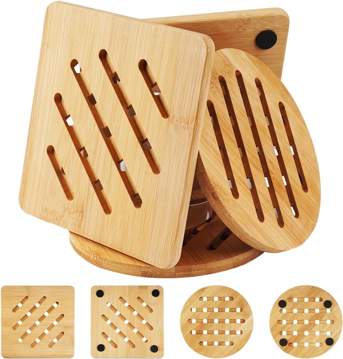 Sander Shop 4-delige set bamboe pannenonderzetters, antislip en hittebestendig voor potten, pannen, kommen en meer