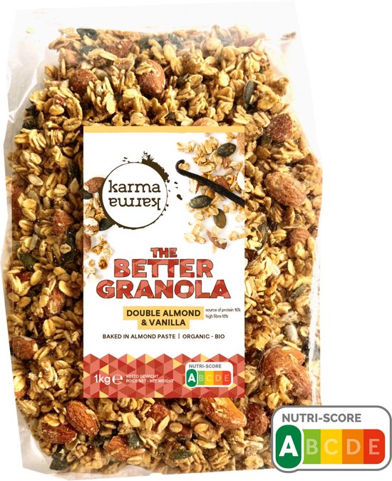 Verpakking 'The Better Granola Double Almond & Vanilla' met Nutri-Score A.