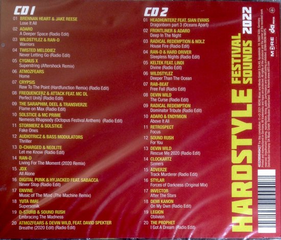 Achterkant van de 'Hardstyle Festival Sounds 2022' CD-hoes met tracklist op rode achtergrond.