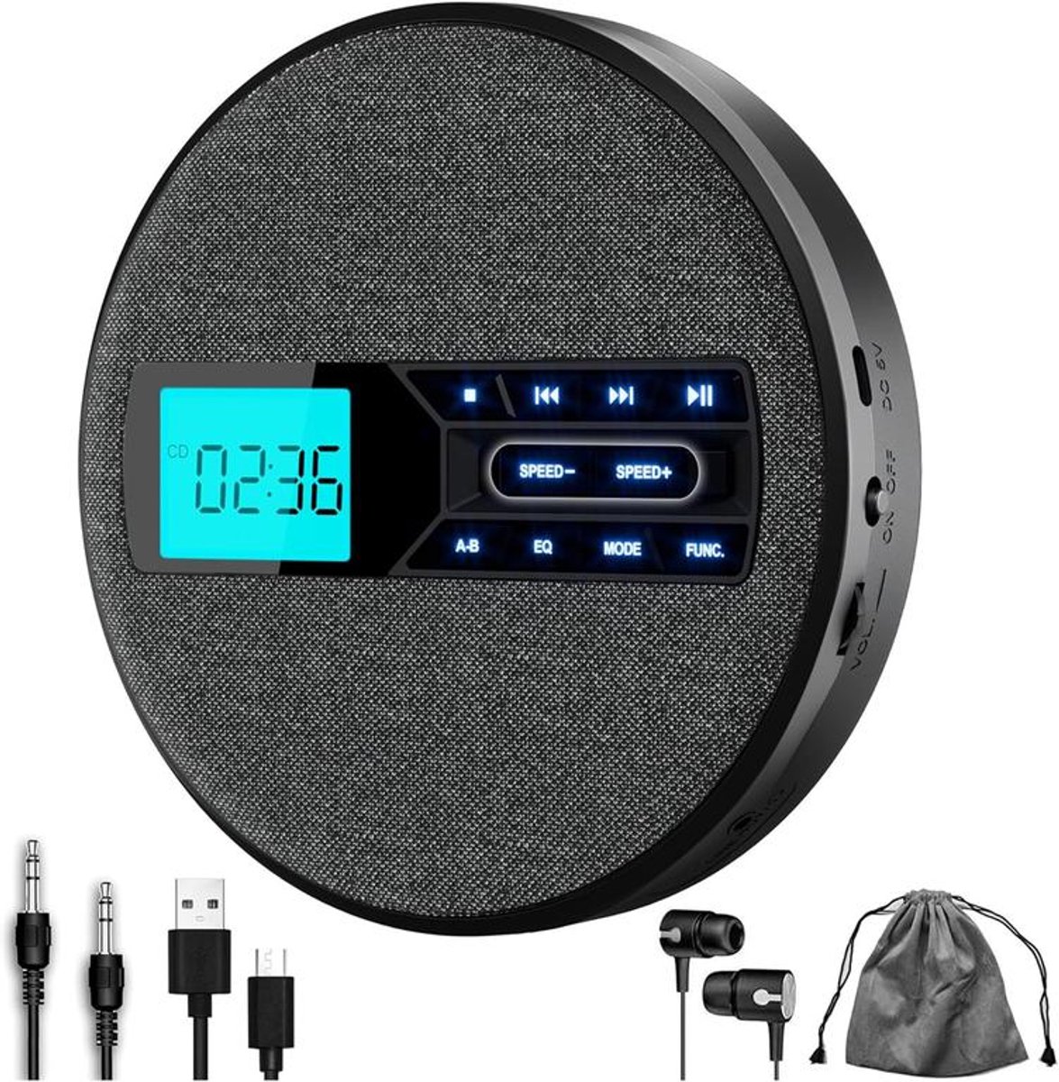 KZQ Draagbare cd-speler - Oplaadbaar - Met dubbele luidsprekers en schokbestendige functie - Ondersteunt cd-, USB- en AUX-ingangen - Voorzien van lcd-scherm - Equalizer met 5 niveaus - Geschikt voor thuis, in de auto en op reis - Zwart