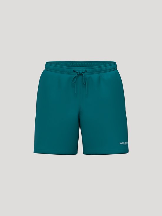 Vooraanzicht van turquoise zwembroek met trekkoord en logo op de rechterpijp.
