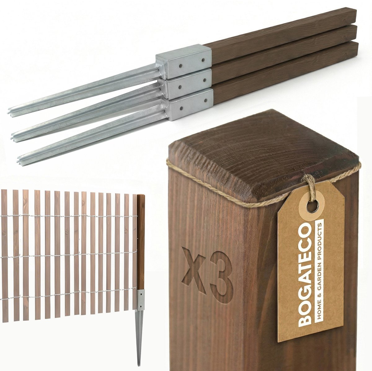 BOGATECO Geïmpregneerde Houten Tuinpalen 100x5x5 cm - Set van 3 Stuks - Vierkante Schuttingpalen voor Tuin & Omheining - Beschikbaar in 2 Kleuren en 4 Hoogtes