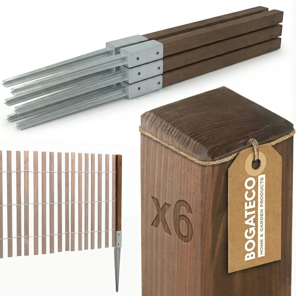 BOGATECO Geïmpregneerde Houten Tuinpalen 80x5x5 cm - Set van 6 Stuks - Vierkante Schuttingpalen voor Tuin & Omheining - Beschikbaar in 2 Kleuren en 4 Hoogtes