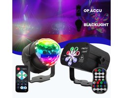 Lucion® Discolamp & Party blacklight set - Discolampen - Discobal - Party Lights - Blacklight - Disco verlichting - Roterende led discolamp verlichting - Stroboscoop effect - Party laser met UV led - Feestverlichting set op accu met statief