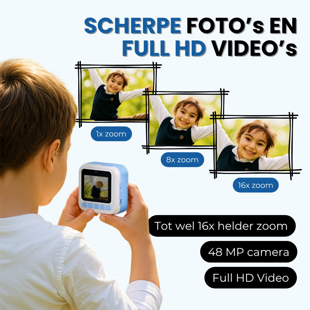 TinyPlay Kindercamera met foto printer - Digitale Camera Kinderen - 48MP - Full HD Foto en Video - Spelletjes - Fotoprinter - Kinder camera - Digitale kindercamera - Blauw – foto 6