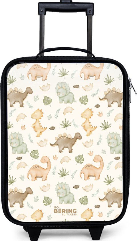 NoBoringSuitcases.com® - Kinderkoffer jongen - Kindertrolley meisje - Dino patroon in pastelkleuren - Koffer kind lichtgewicht - Reiskoffer trolley voor kinderen - Koffertje met lichtgevende wieltjes - Rolkoffer zwart