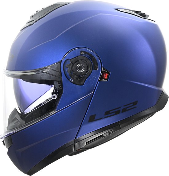 Casque modulable LS2 bleu marine mat avec visière foncée et logo LS2 noir sur le côté.