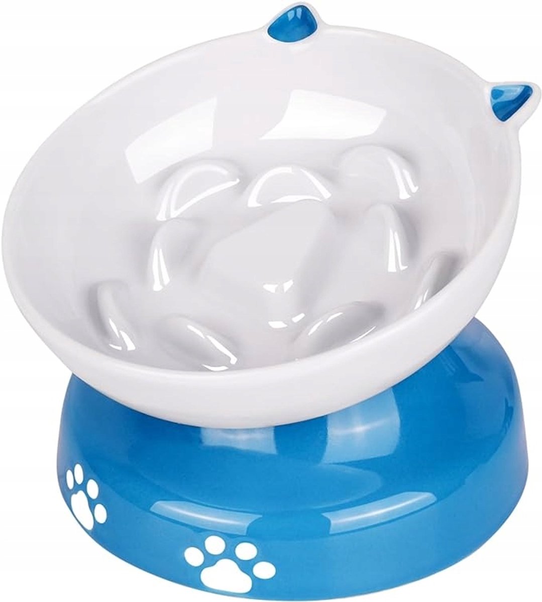 DOWAN Verhoogde Kattenbak - Slowfeeder - Gekanteld - Keramiek - Blauw/Wit