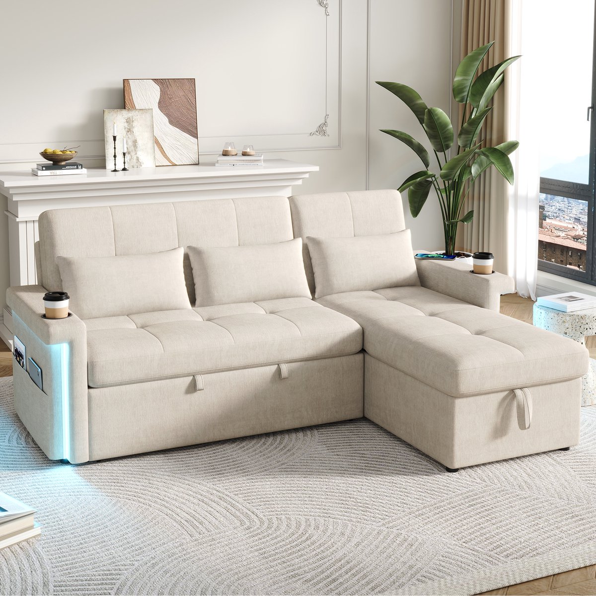 MODENUIT Hoekbank 209 x 141,5 cm - Slaapfunctie met LED en USB-C - Voor Woonkamer en Logeerkamer - Chenille - Beige