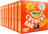 Rode verpakking van Holie's Crunchy Bar, met "-60% KOOLHYDRATEN" en "0% ADDED SUGAR" en Nutri-score B.