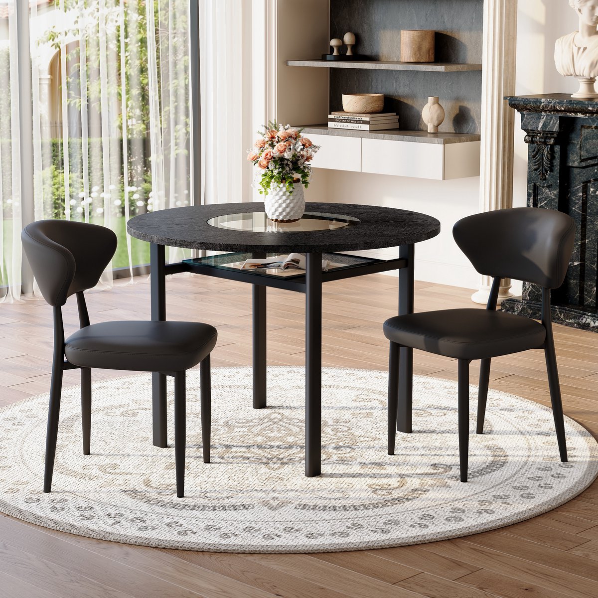 MODFU Ronde Eethoekset - Met 2 Stoelen En Glazen Inzet - Minimalistisch - Voor Eetkamer Of Woonkamer - MDF En Metaal - Zwart - 100 Cm