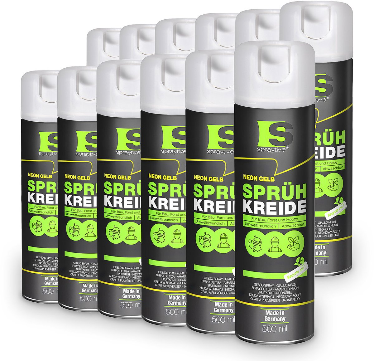 Spraytive 12x 500ml spuitkrijt neon geel markeerspray afwasbaar krijtspray voor tijdelijk markeren op asfalt gras en beton hoge dekking