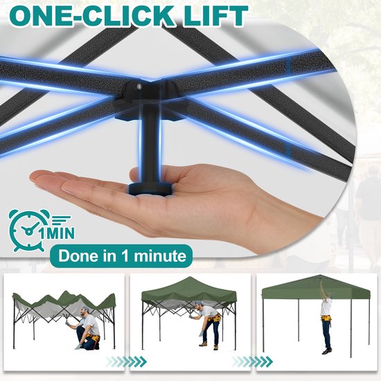 Close-up van het one-click lift mechanisme van een groene partytent en stappen voor het opzetten.