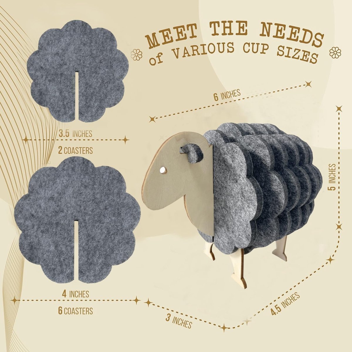Vilt Onderzetters Schaap - Set van 6 - Glasonderzetters met Houten Schaap Houder - Decoratieve Onderzetters - Grijs — cadeau in Wonen & Interieur - foto 4