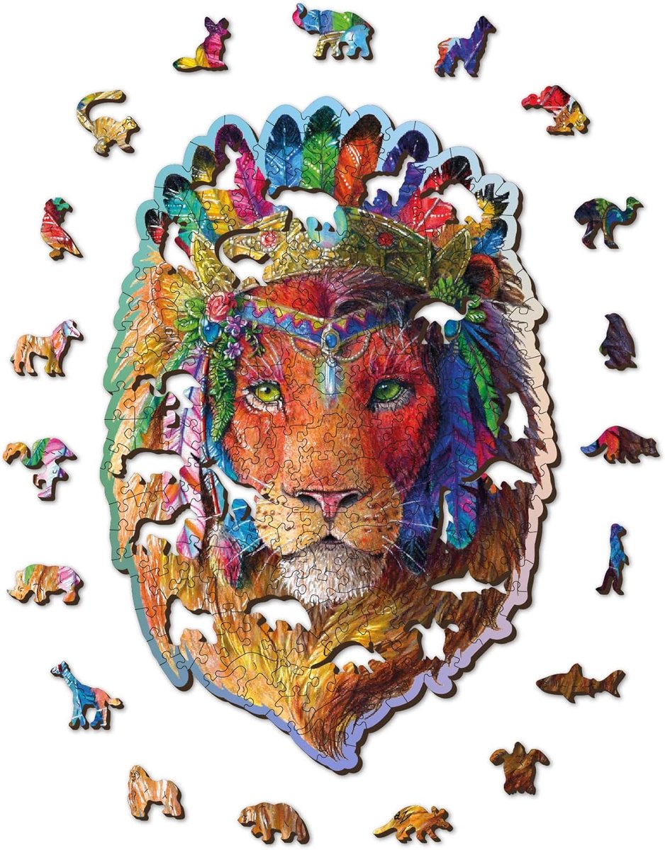 Houten Puzzel Leeuw - Vormen Puzzel Diadeem - Ontspanning Thuis - 250 Stukjes Uniek - 37x25cm