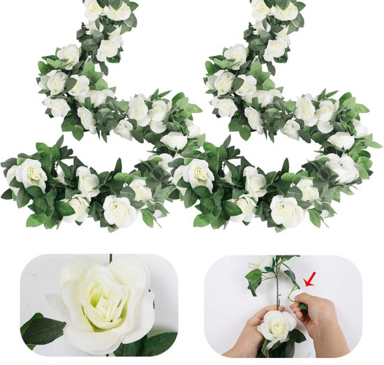 4 Pièces Guirlande de roses artificielles - Guirlande de fleurs en soie synthétique avec plantes vertes - Guirlande de fleurs suspendue pour mariages, maison, bureau et comme décoration pour une arche, 220 cm