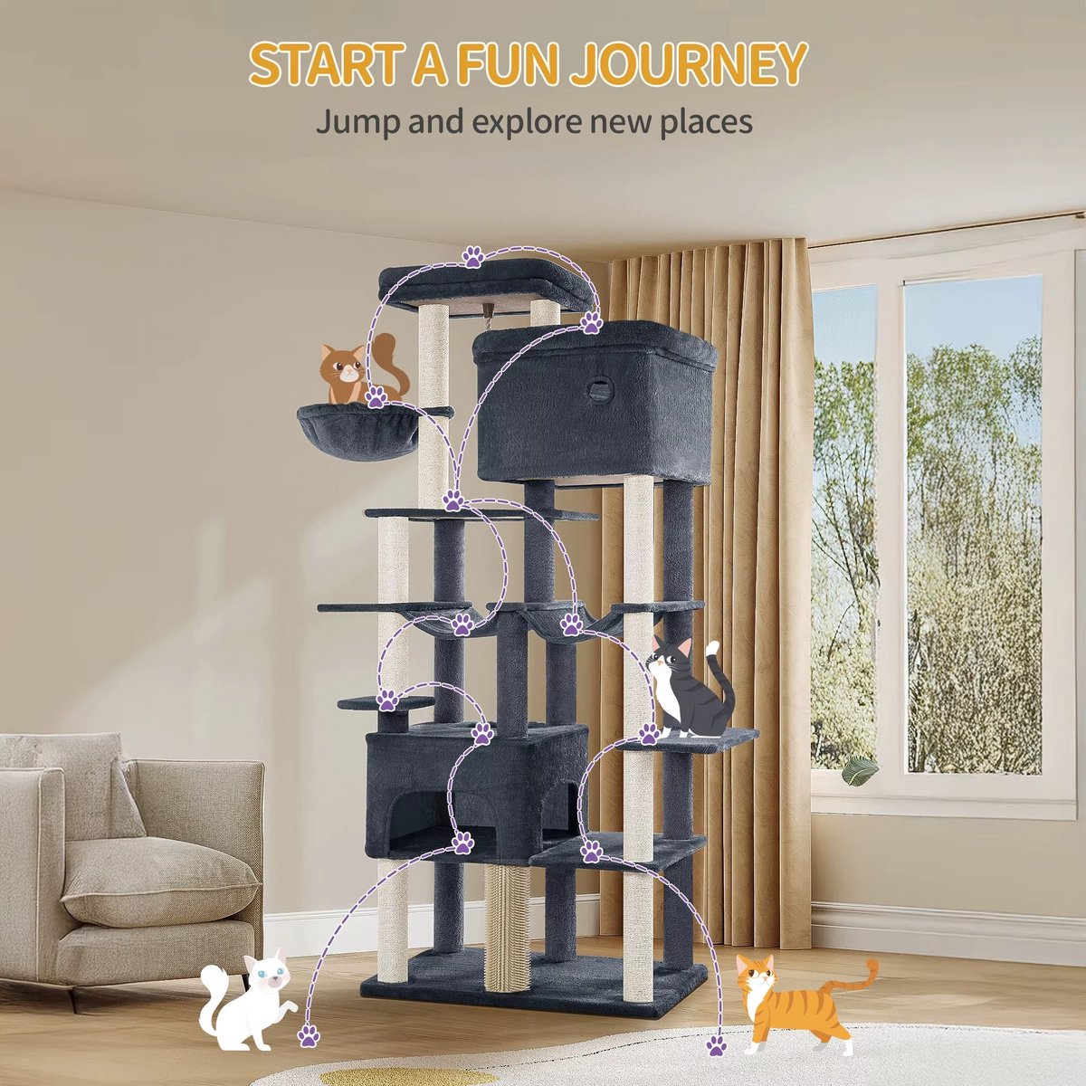 Multi Level Cat Tower - 200 cm - Krabpaal Katten Groot – Met 10 Krabpalen en 2 Hangmatten – Kattentoren met 2 Holletjes, Mand en Platform – Inclusief Kattenborstel – Geschikt voor Grote Katten en Kittens – foto 2