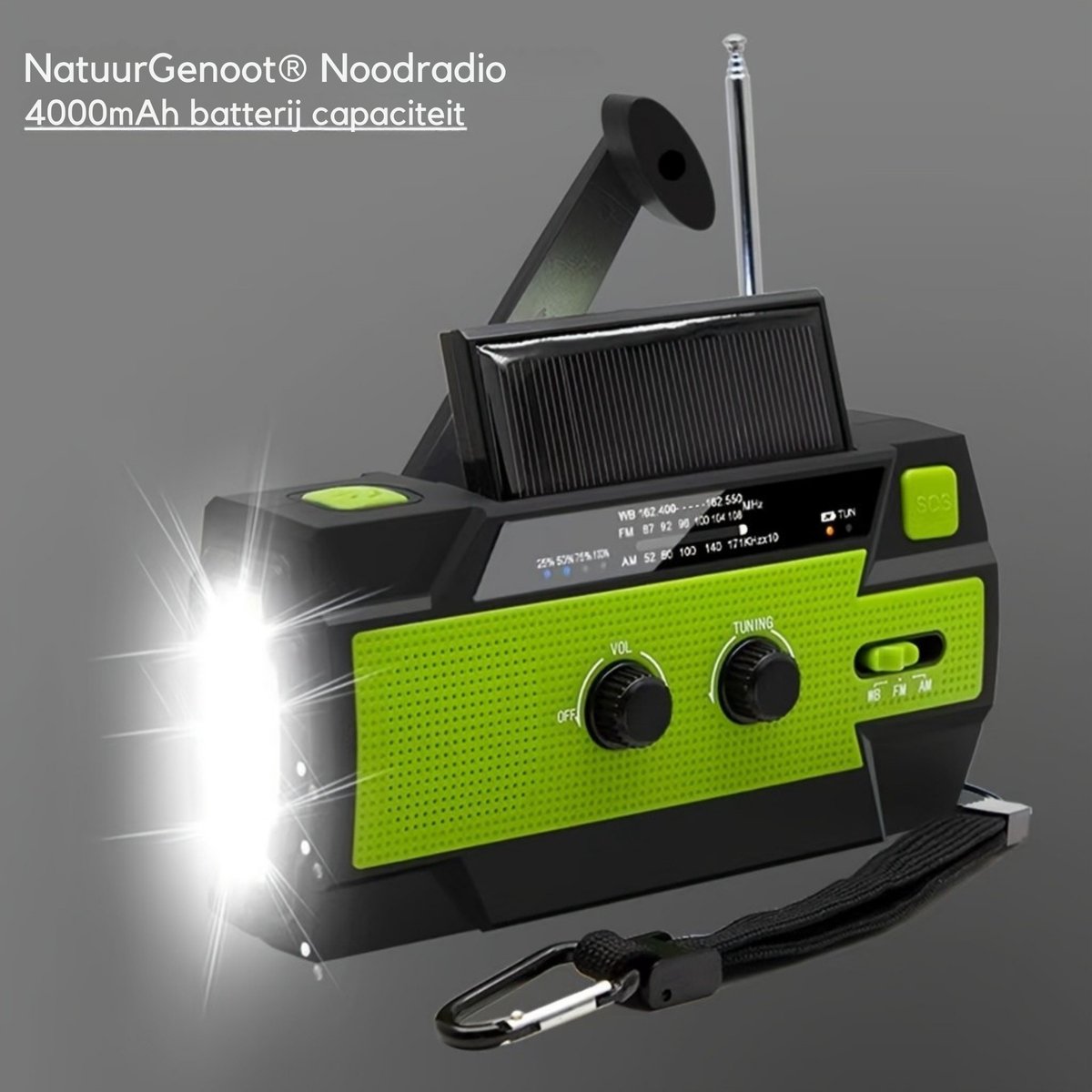 NatuurGenoot® Noodradio 2026 – Opwindbaar & Solar – Zaklamp – 4000mAh Powerbank – SOS Alarm – FM/AM Radio – Draagbare Noodradio voor Rampen & Camping – Groen